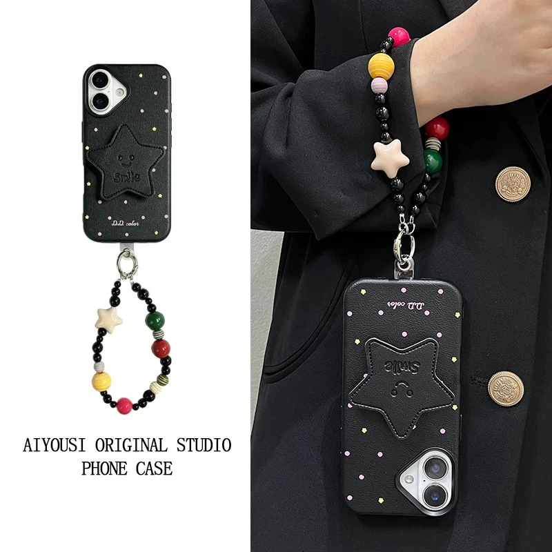 简约黄波点皮星星支架手链适用苹果16promax手机壳iPhone15pro新