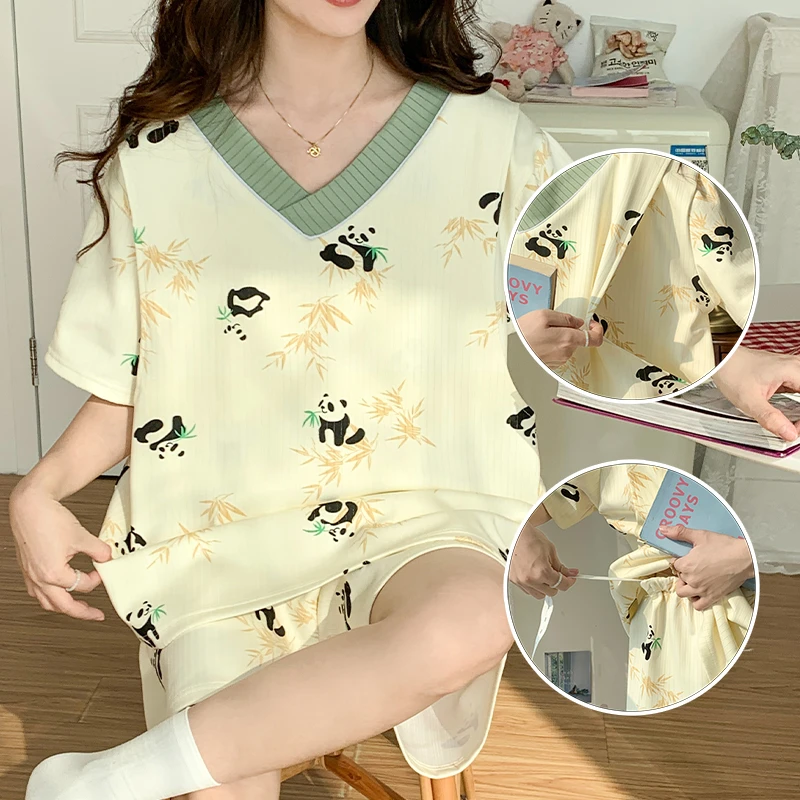 夏季新款超大码宽松孕妇月子服薄款短袖喂奶套装住院待产哺乳睡衣