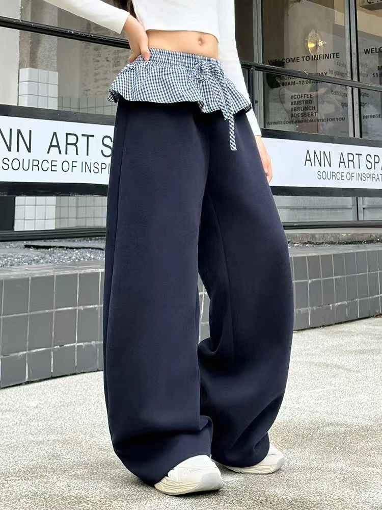 女童春秋款洋气时髦假两件格子屁帘裙摆阔腿休闲裤