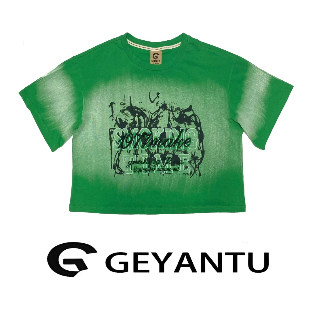 【GEYANTU】夏新款2025渐变做旧时尚短袖t恤刺绣纯棉上衣情侣695