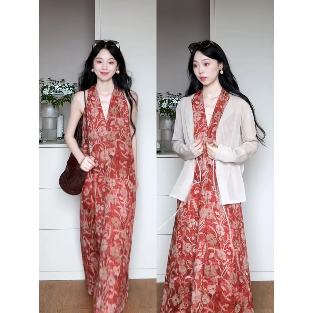 2025年夏季新款薄款防晒开衫上衣高级感v领无袖连衣裙子两件套装