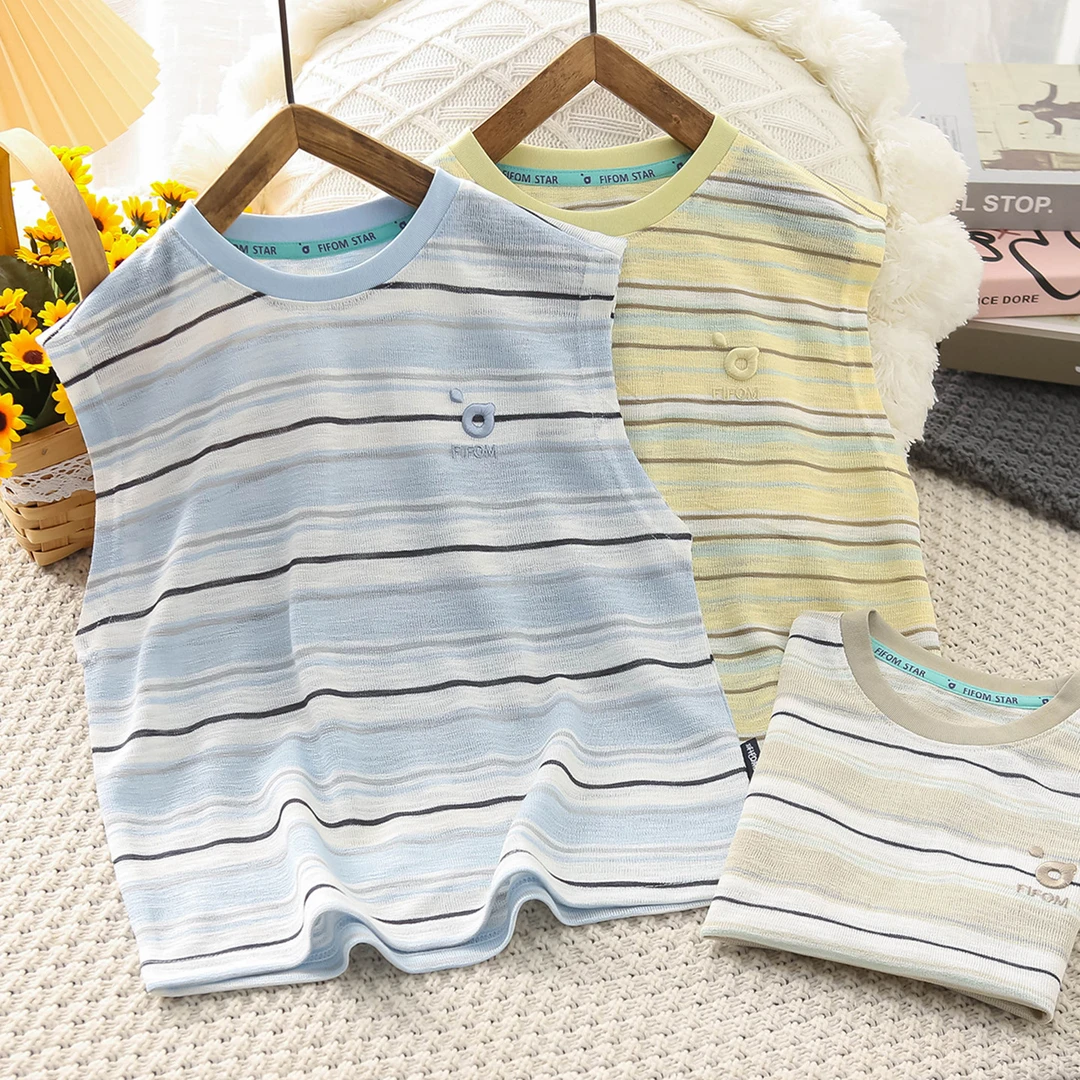 男童条纹背心潮流坎肩2025夏季装中大童冰丝无袖T恤休闲上衣1217