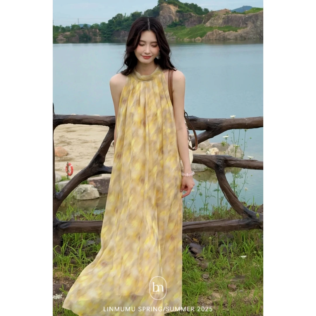 Lin/林木木 夏季新款氛围感无袖挂脖裙宽松垂感连衣裙