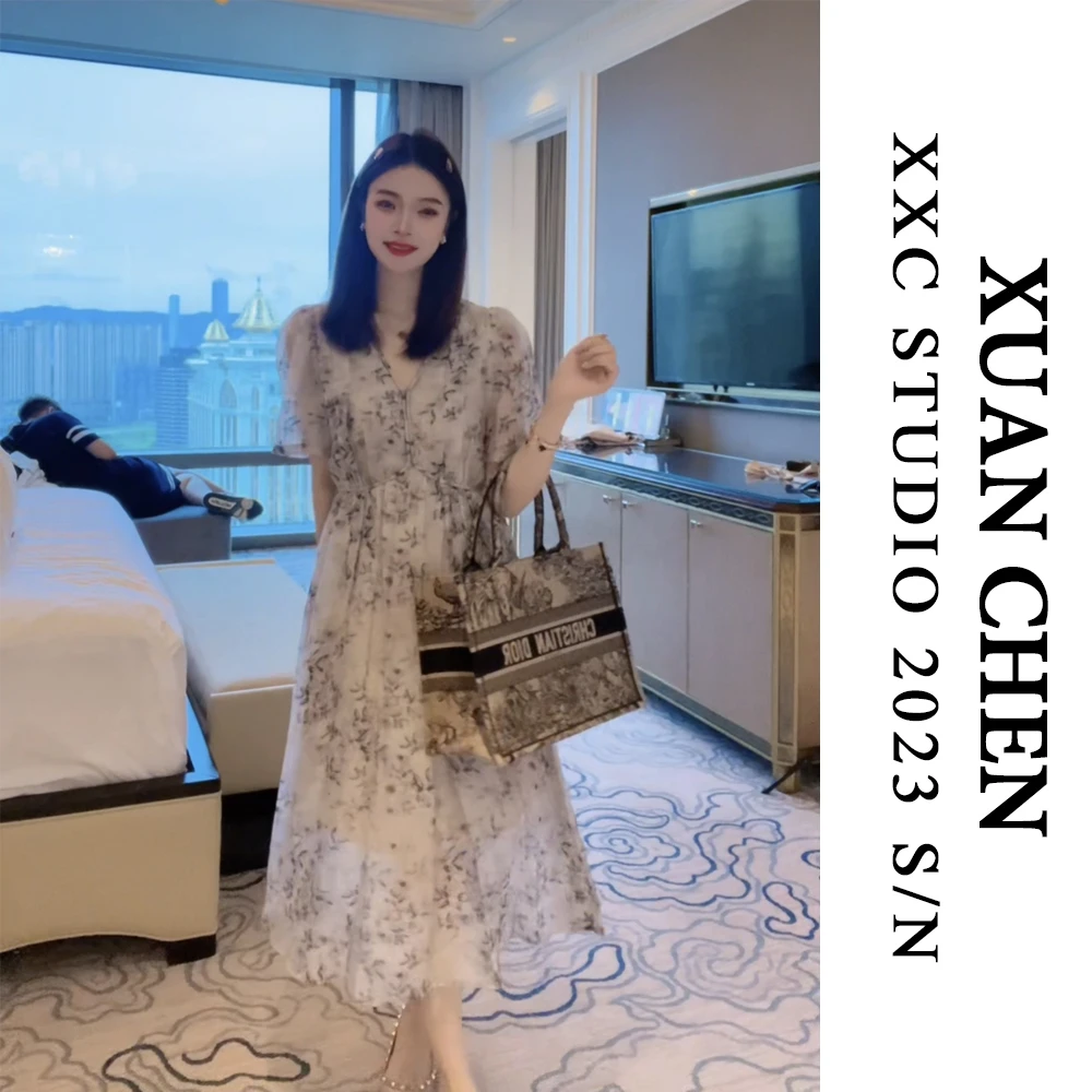 【青花瓷】法式优雅V领水墨画印花显瘦连衣裙女薄款2023新款#1665