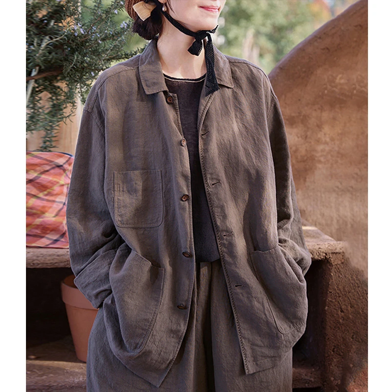 复古茶棕色亚麻翻领衬衫外套女春季新款2025年小个子宽松休闲上衣