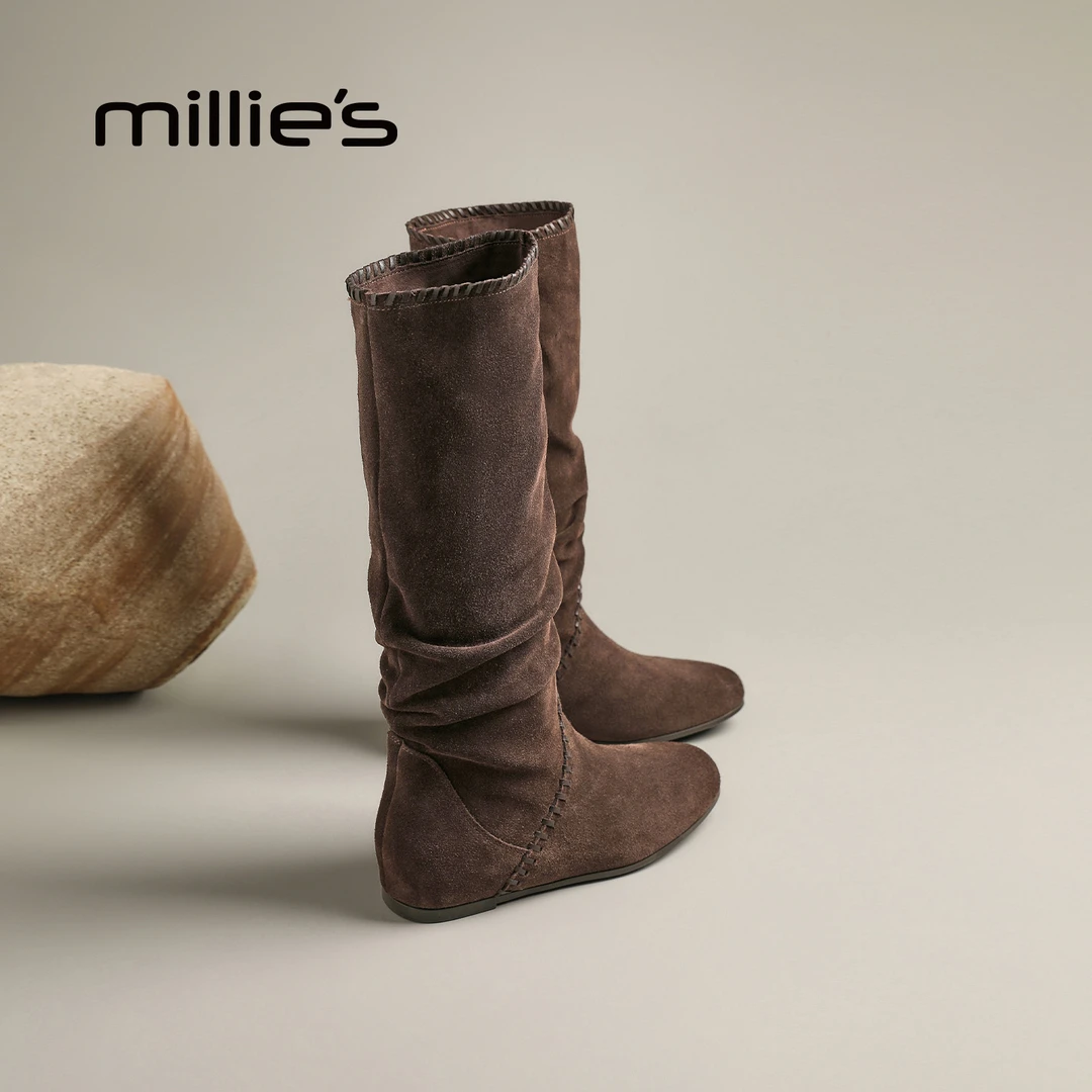 MILLIE S/妙丽不过膝长靴女鞋2025年新款堆堆靴复古内增高骑士靴