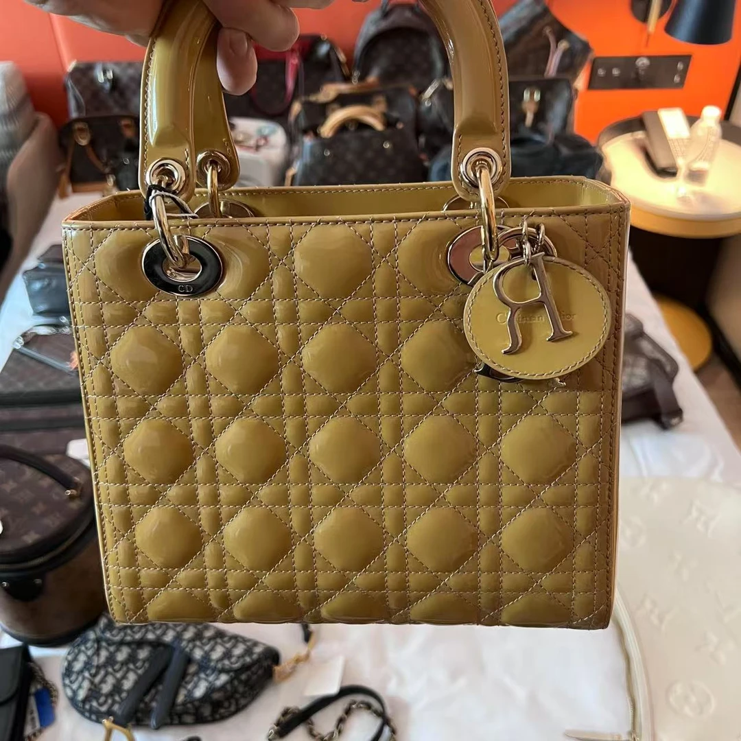 95新 DIOR/迪奥 黄色漆皮五格戴妃/龙龙在包展