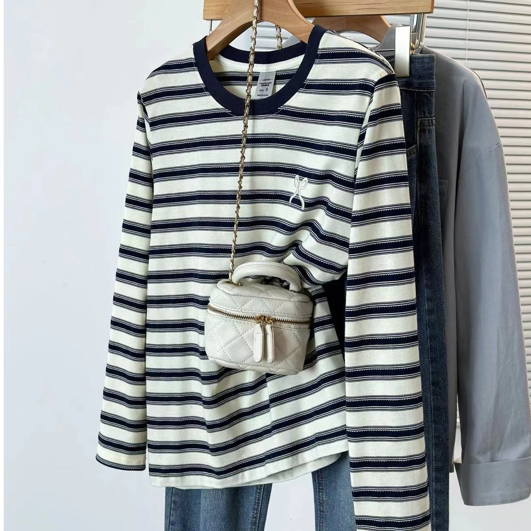 清仓·纯棉长袖·外贸原单【刺绣❧蝴蝶结】时尚百搭条纹撞色T恤24172