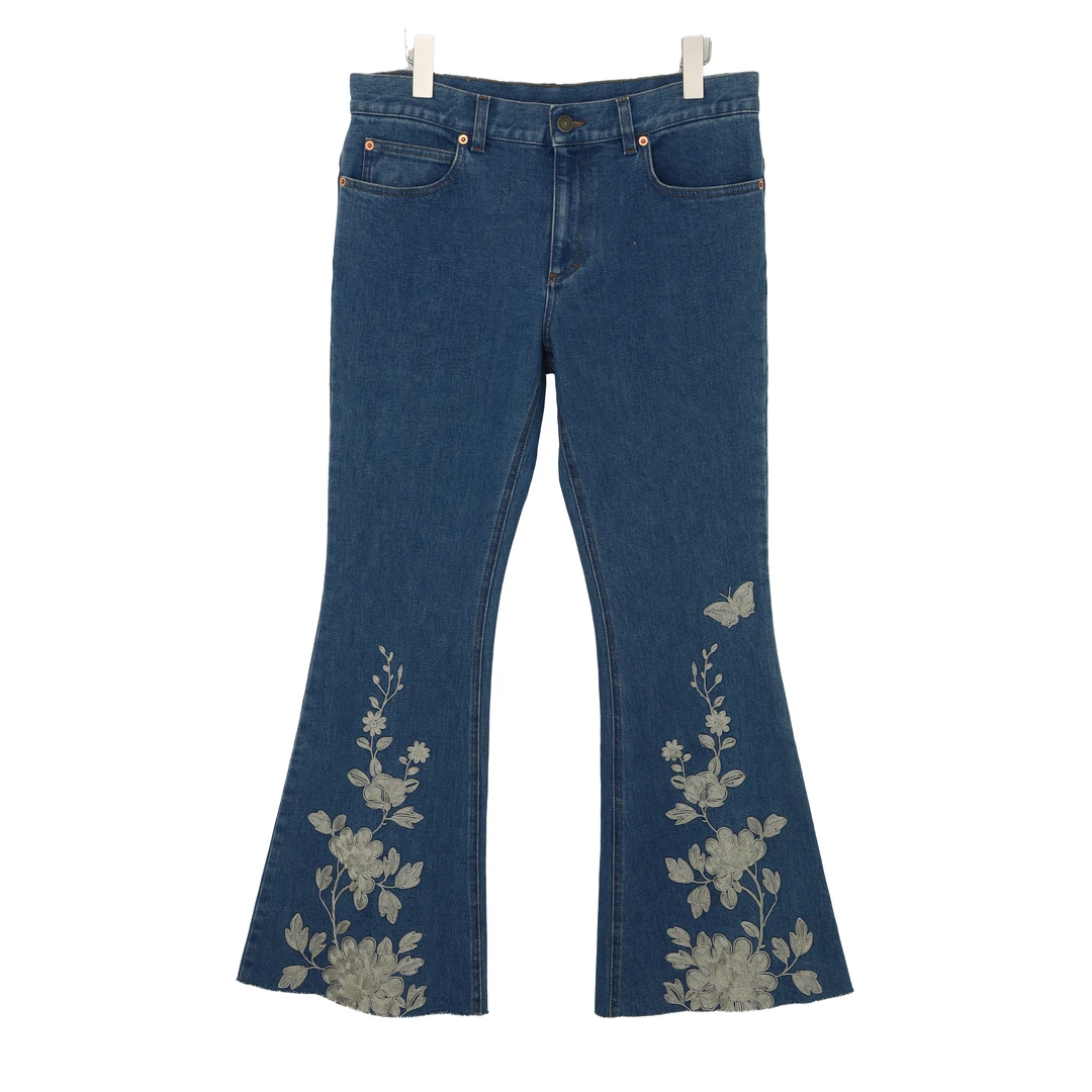 GUCCI/古驰金色刺绣款女士品牌皮标蓝色微喇牛仔裤457299