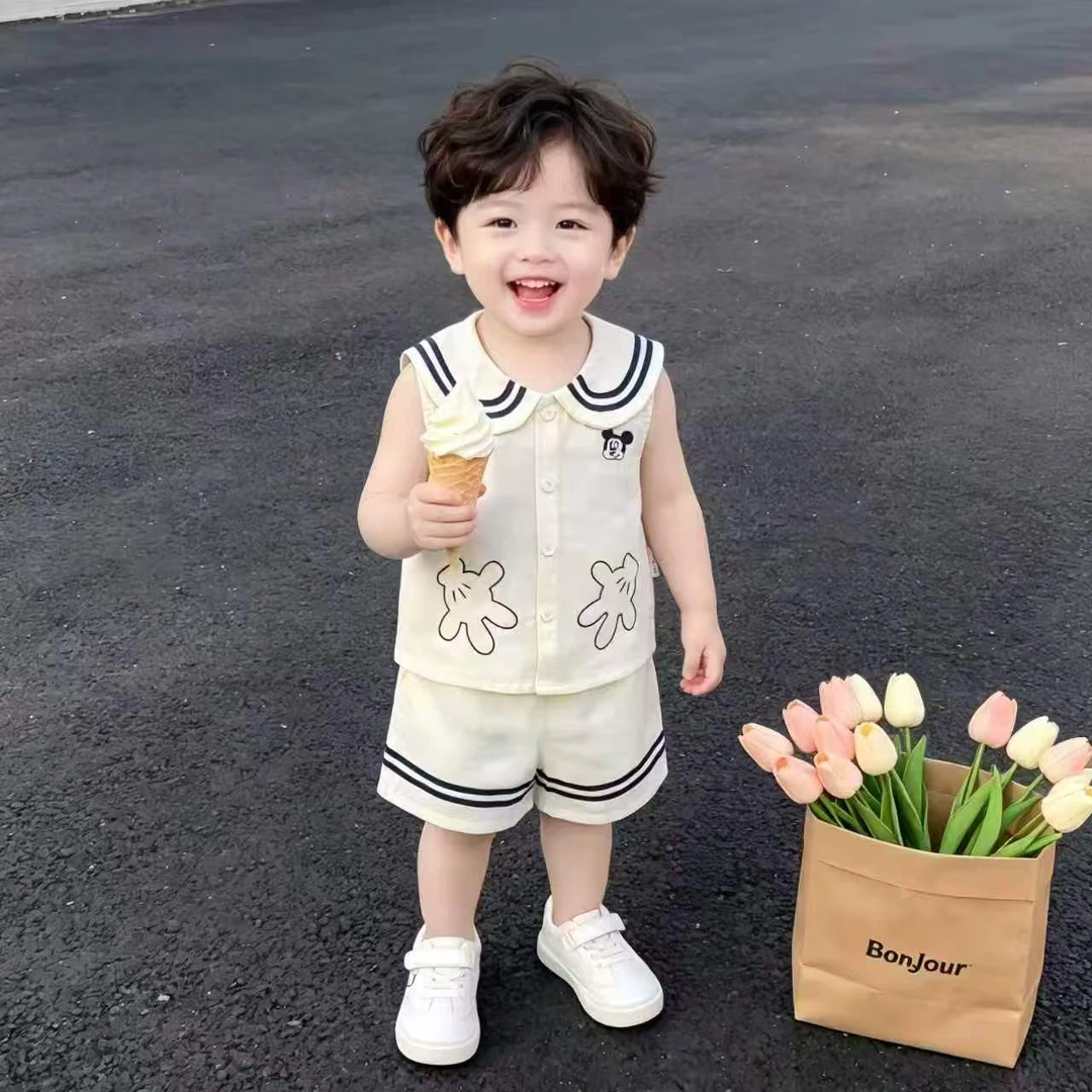 夏季新款上新男女宝韩版印花洋气翻领无袖休闲米奇百搭套装X405