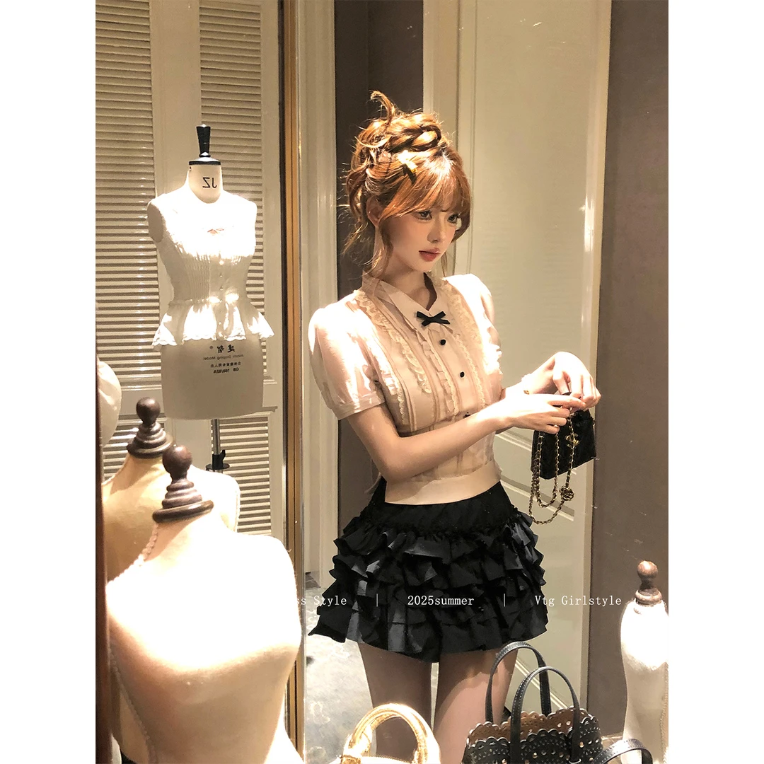 Lazy Didi古早思绪 定染中古色千金上衣精致蕾丝花边修身短袖小衫