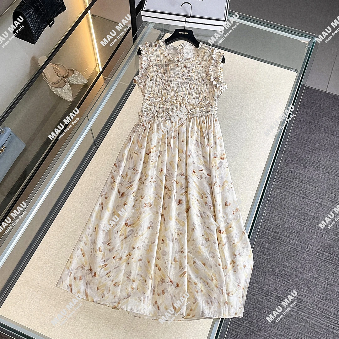 MIUMEM2025夏季洋气减龄荷叶边褶皱印花收腰背心连衣裙DY7385