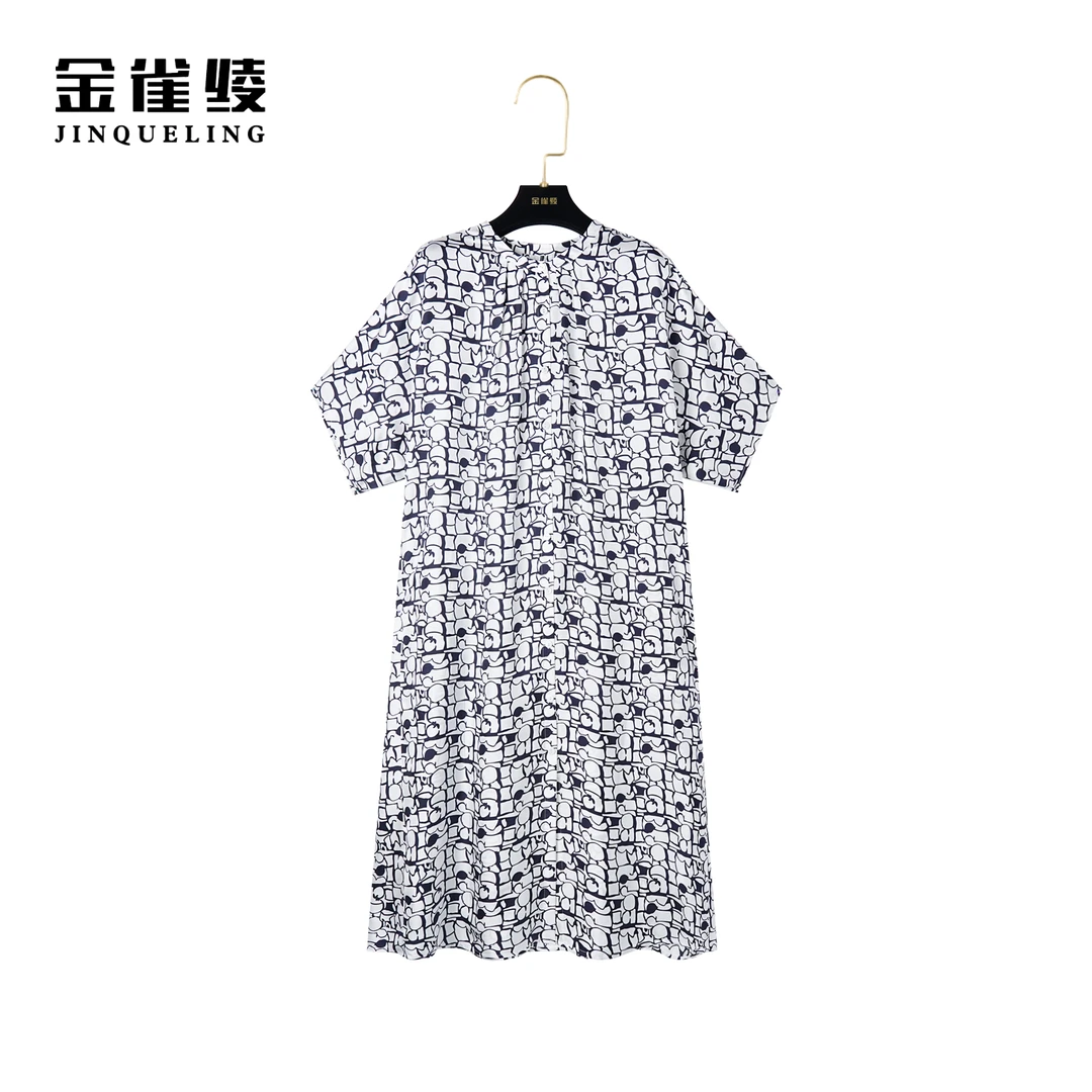 金雀绫【巴黎邂逅】100桑蚕丝显瘦气质印花女装连衣裙AL6077