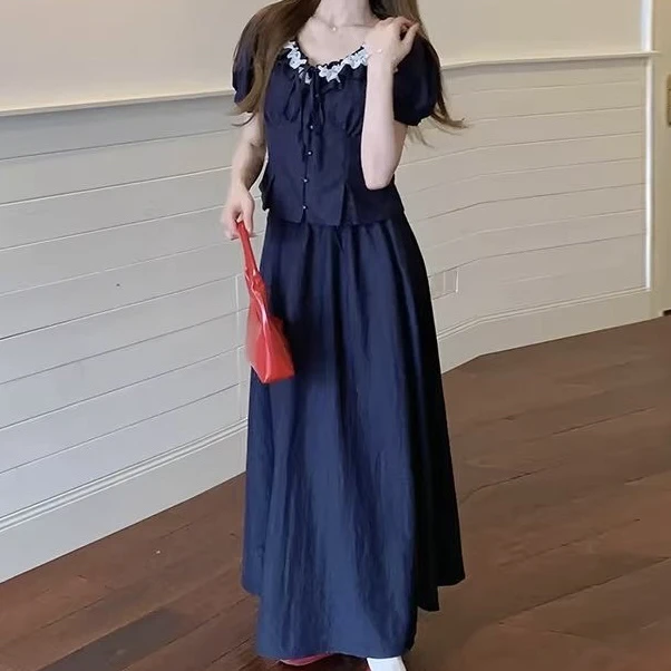 夏季大码微胖mm木耳边系带短袖百搭衬衫减龄显瘦高腰半裙两件套女