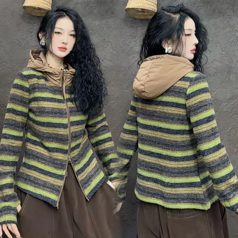 【亿火】连帽常规款卫衣厚款意式女长袖条纹拉链花瓣袖卫衣G12-7028