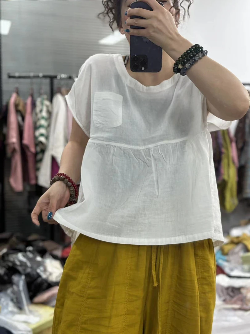 HY     51177一个小口袋圆领中间分割线娃娃衫