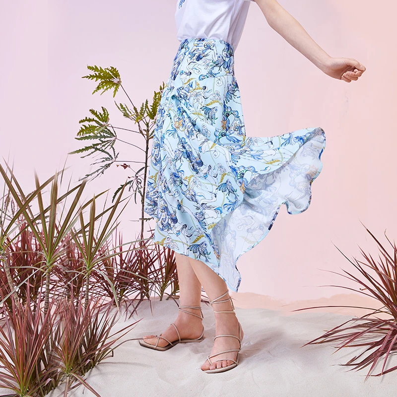 云思木想途经小人国夏新款印花不规则飘逸中长半身裙68266