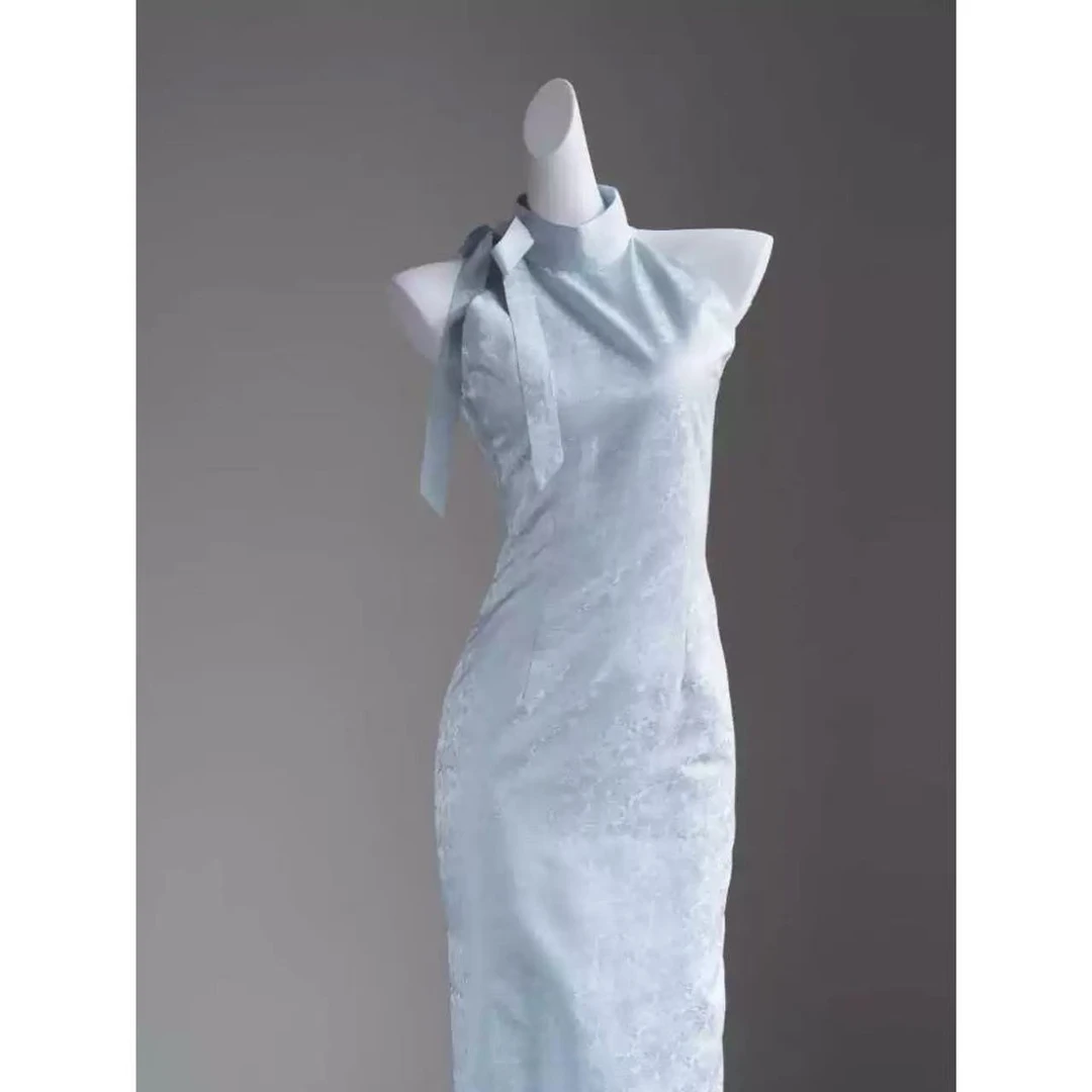 【C45】新中式国风气质挂脖显瘦蓝色蝴蝶结无袖旗袍裙女