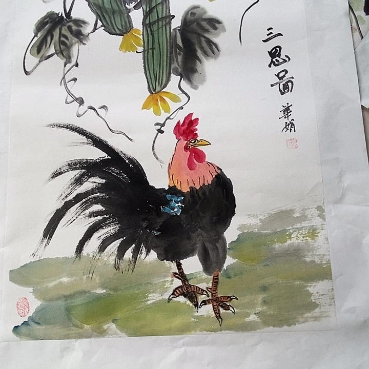 国画四尺三开手绘花鸟