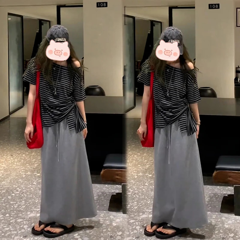 高级感气质套装夏女2025新款爆款露肩条纹T恤小个子半身裙两件套