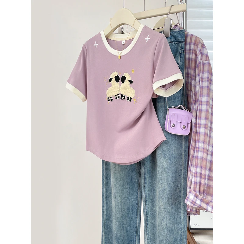 小羊刺绣甜美撞色圆领短袖上衣服夏季新款时尚百搭减龄正肩女装潮