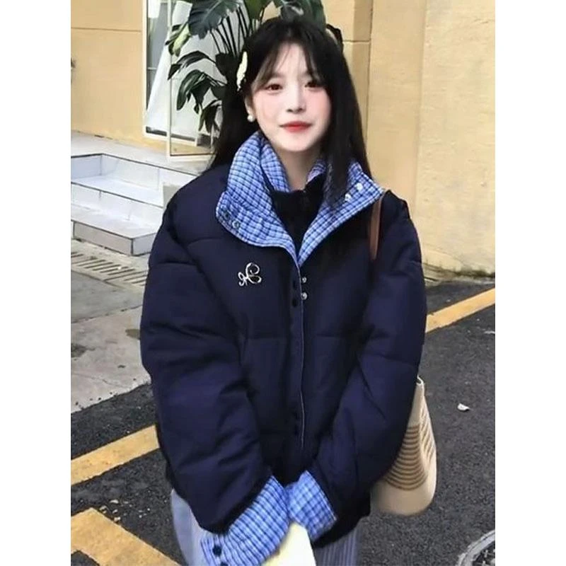 冬季潮牌设计感双层领格子拼接羽绒棉服女韩版宽松面包服棉衣外套