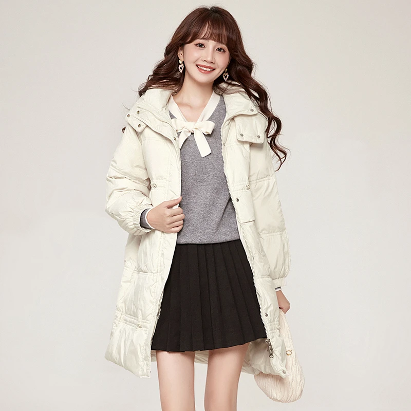 Y010简约通勤含白鸭绒长款连帽羽绒服女44YR1B0016