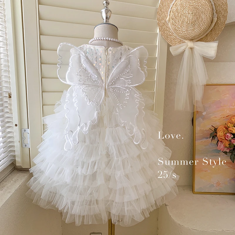 2025夏“羽翼天使”女童无袖亮片后背蝴蝶翅膀蛋糕裙T25098