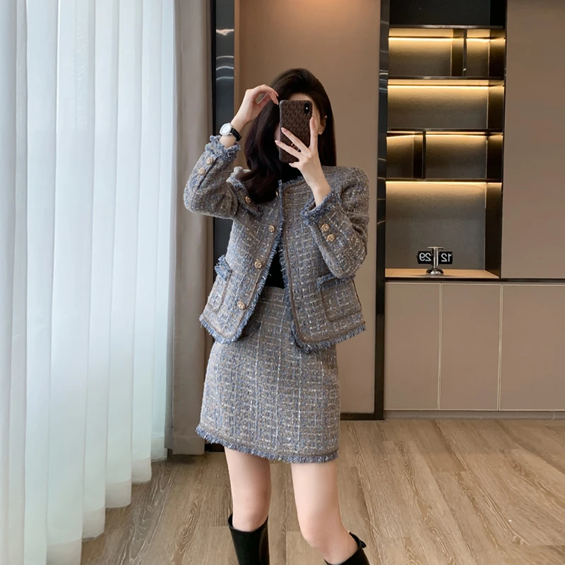 秋季款高腰粗花呢时尚套装女小香风毛呢显瘦短款外套半身裙两件套