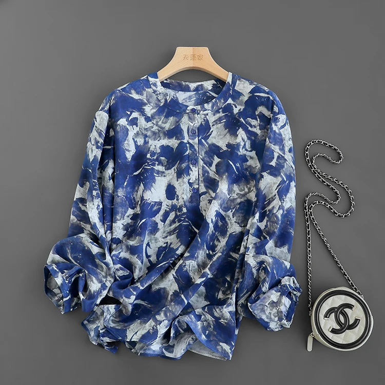 青花瓷衬衫！重工水墨印花 双绉真丝桑蚕丝圆领长袖衬衫上衣女春