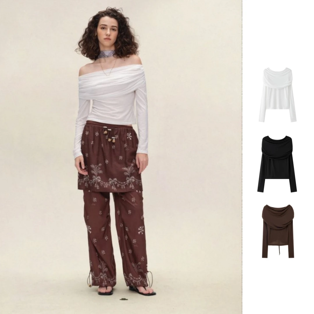 Vena label   25秋季新品荡领长袖上衣性感风修身T恤个性修身型