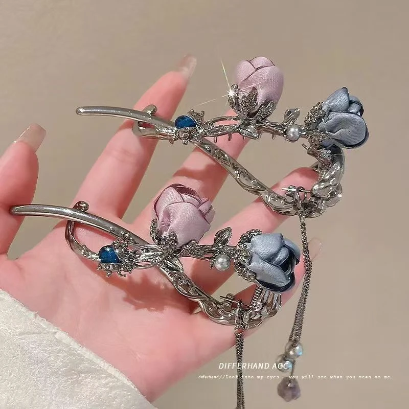 奢古风时尚玫瑰花扭扭夹优雅轻奢一字夹盘发新中式发夹2025年新款