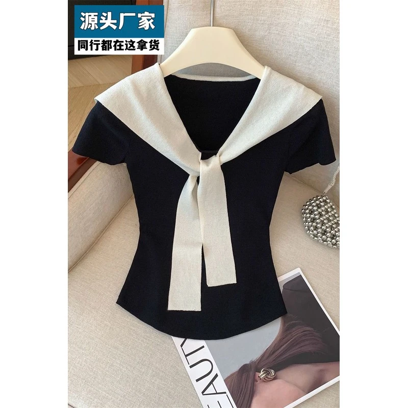 梵乐芬气质轻熟知性修身T恤短袖女夏季爆款假两件撞色披肩洋气百
