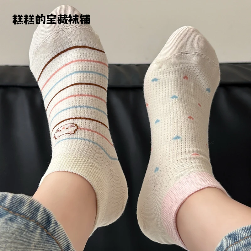 夏季薄款可爱卡通小猫爱心无骨短袜子女网眼透气穿搭感卡通无骨袜