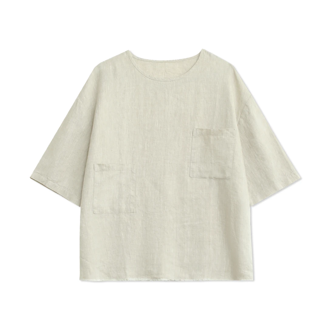 【麻念】 衣长74 纯亚麻夏季新款宽松纯色圆领胸前口袋上衣女M662