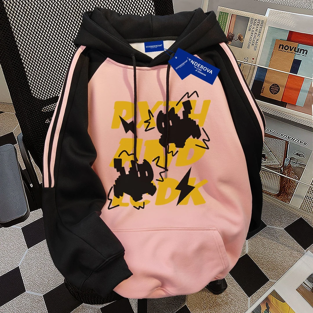 可爱卡通国风hiphop宽松显瘦三条杠拼接连帽卫衣女秋冬季加绒外套