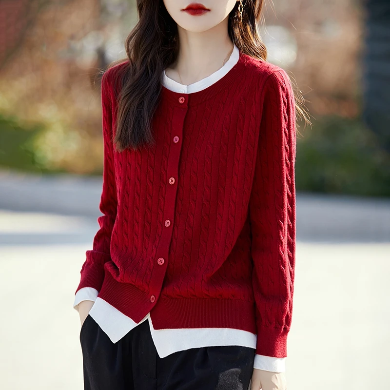 春秋圆领开衫时尚麻花毛衣外套百搭针织上衣精纺羊毛女复古新款薄