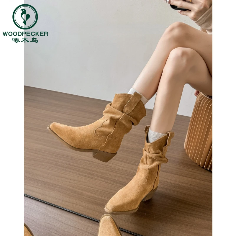 啄木鸟2025粗跟短靴女尖头显瘦褶皱堆堆靴复古英伦风美拉德马丁靴