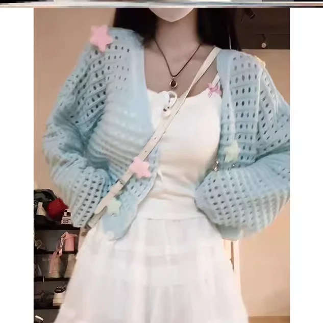 2025春秋温柔风法式镂空针织开衫外套女短款上衣女时尚洋气毛衣