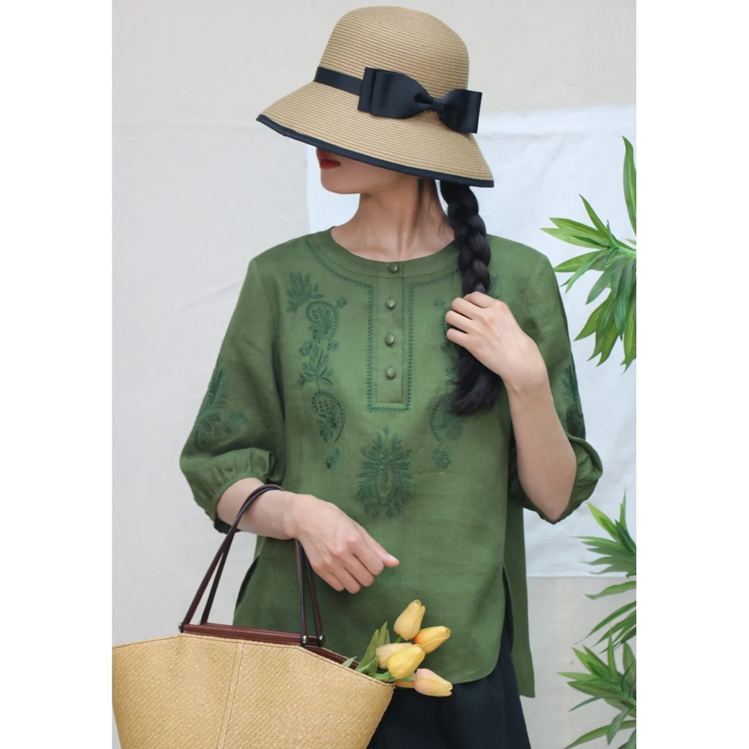 熹泮原创2025年春夏新款{锦绣}亚麻慵懒三季衬衫文艺休闲显瘦女