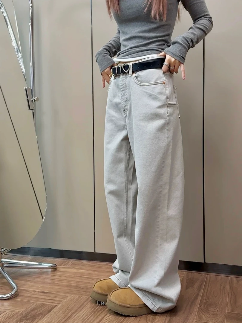 【渣渣灰】直筒牛仔裤春季新款高腰阔腿牛仔裤水洗复古百搭显瘦女裤