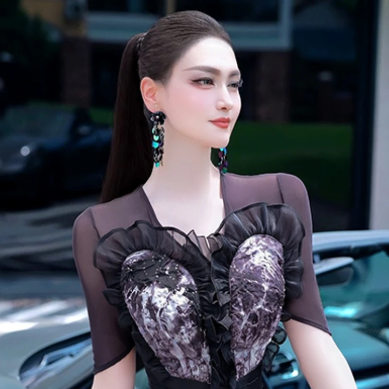 夏季时尚水墨印花荷叶边网纱撞色小衫2025新款设计师原创设计上衣