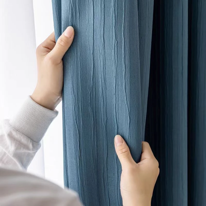 【贝爷家】韩国皱宝石蓝新款遮光窗帘卧室客厅北欧现代简约日式z03