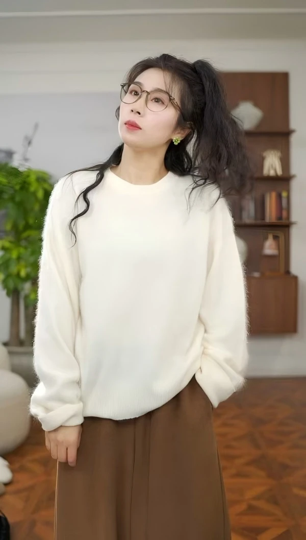 【浥尘女装】689秋冬氛围感毛衣慵懒休闲套头圆领拉毛工艺羊绒衫