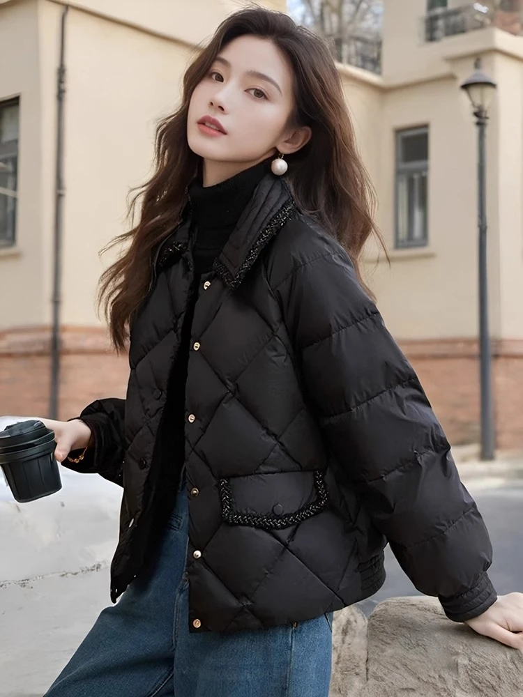 小香风拼接短款棉服外套女装2025年冬季新款时尚休闲翻领保暖棉衣