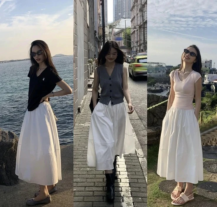 气质长裙高腰女装中长裙系带松紧带法式夏季外穿半身裙韩版
