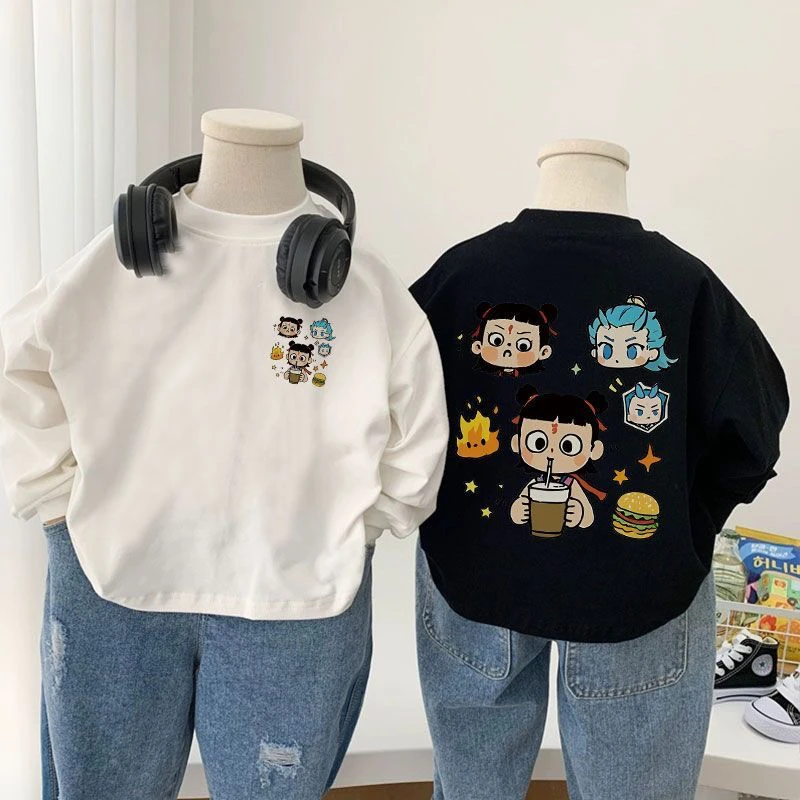 儿童春秋纯棉长袖T恤男女童新款卡通哪吒宝宝T恤中小童打底上衣