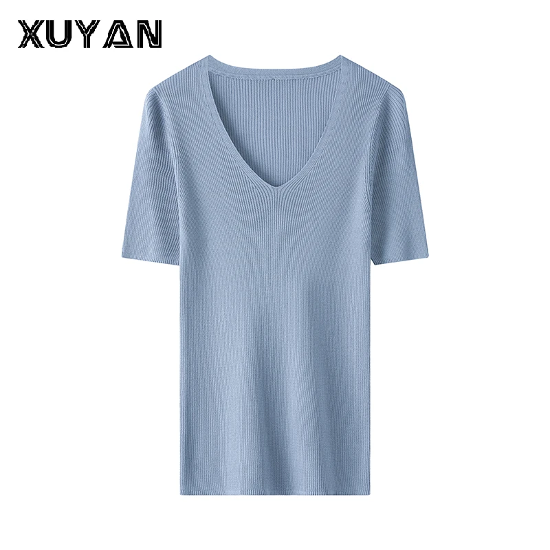 夏季新款真丝莱塞尔女士显瘦时尚气质修身T恤透气薄款针织衫V领