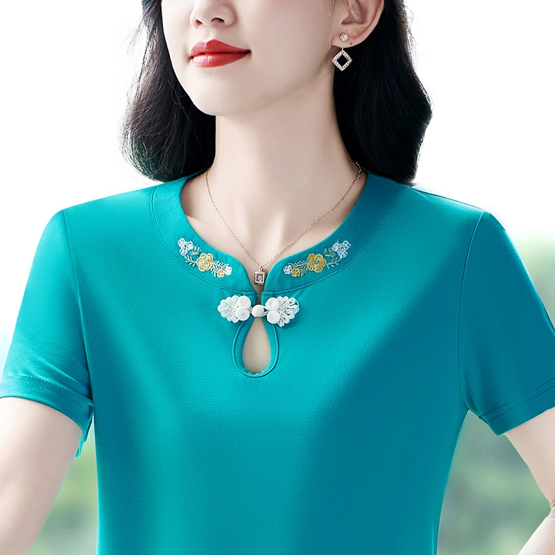 新中式圆领短袖女夏装新款妈妈冰丝短袖t恤宽松百搭半袖上衣绣花