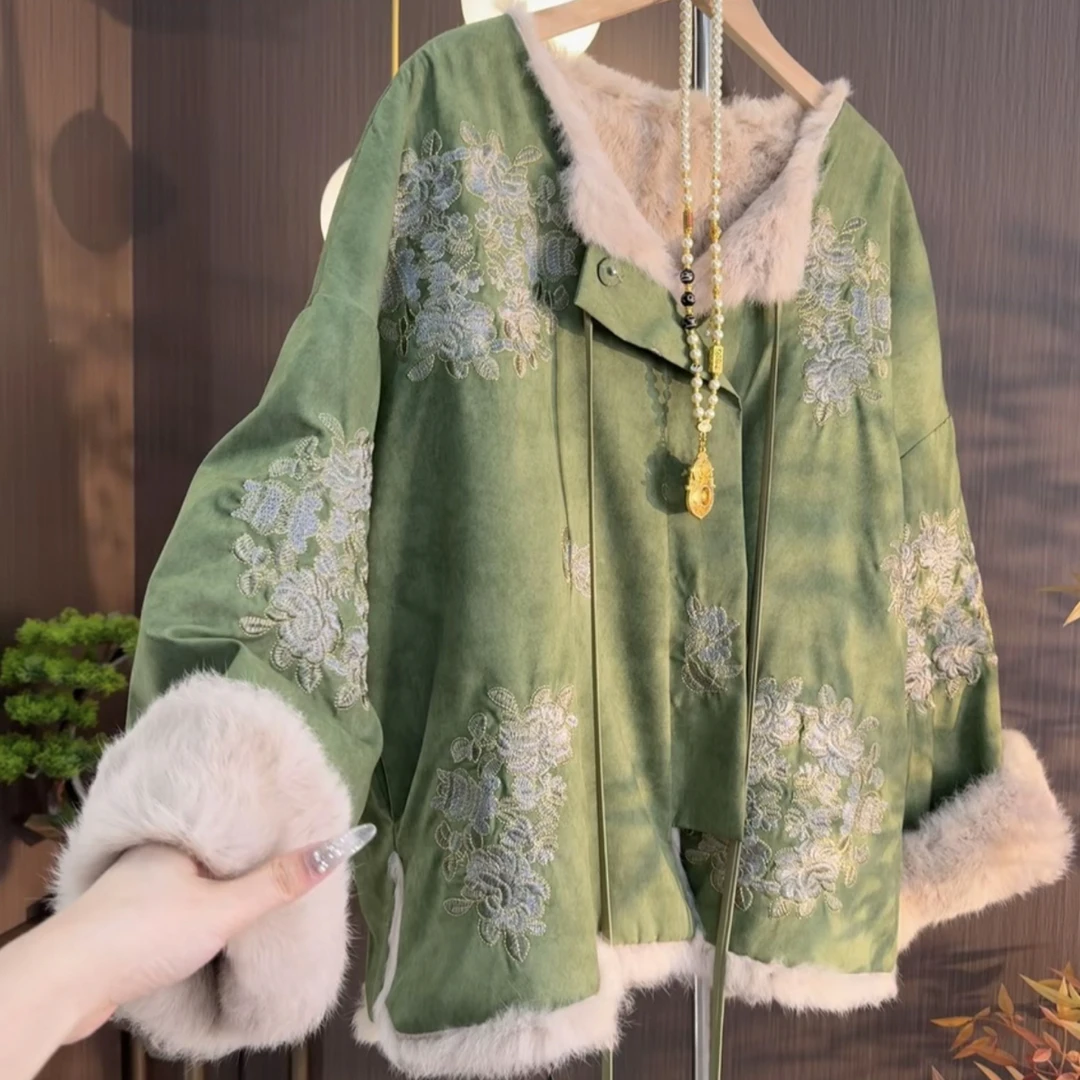 现货【绿婉/凤仪】100人丝真兔毛皮草双面穿刺绣保暖外套